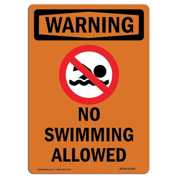 Safety Sign, OSHA WARNING, 5" Height, No Swimming Allowed, Portrait, 10PK